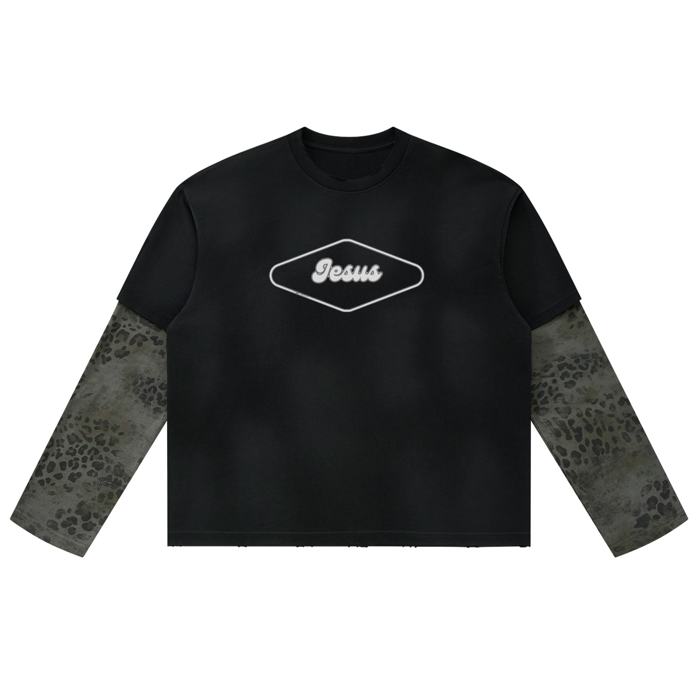 Jesus Vintage Wash Leopard Paneled Layer T-Shirt
