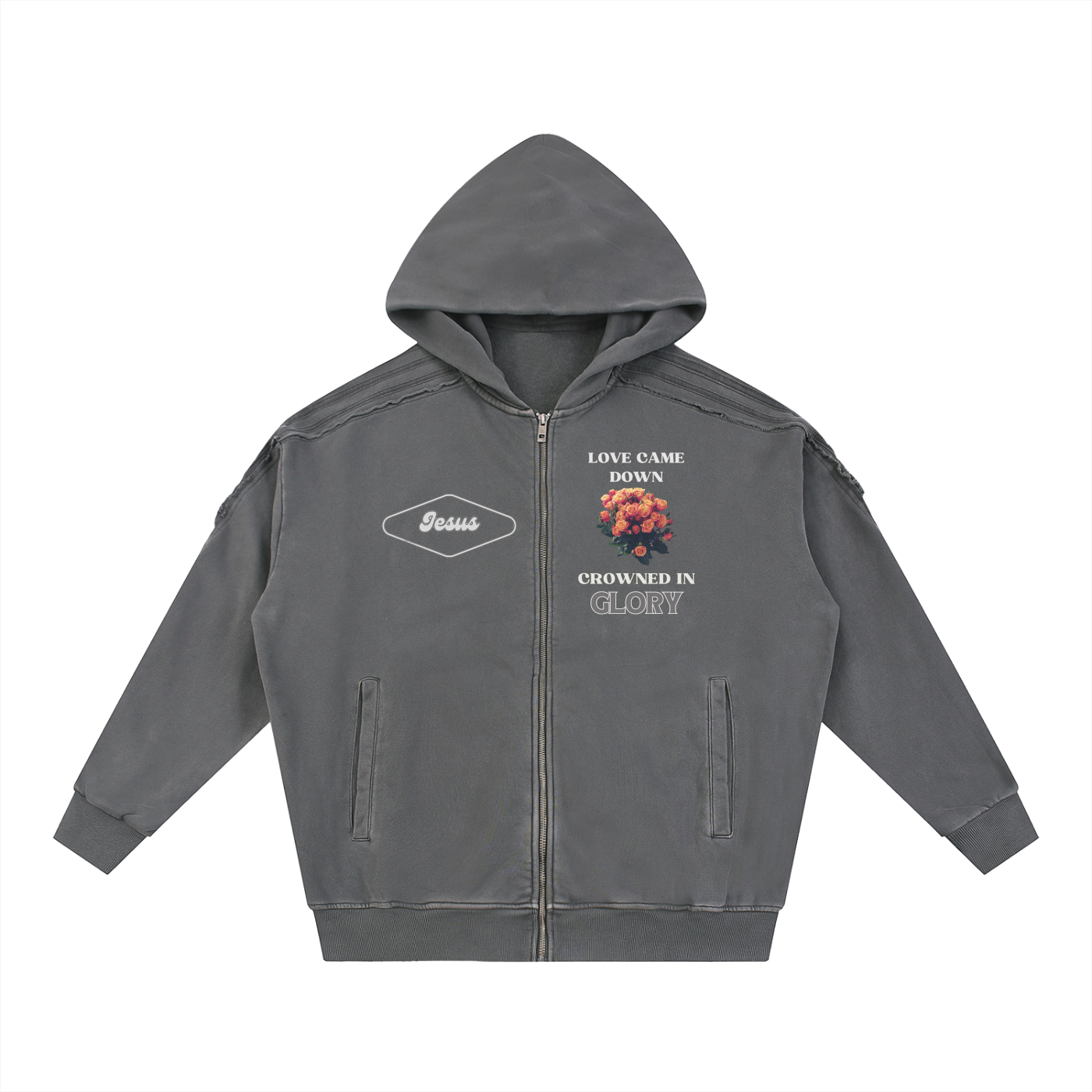 Snow Washed Tape Raw Edge Zip Hoodie