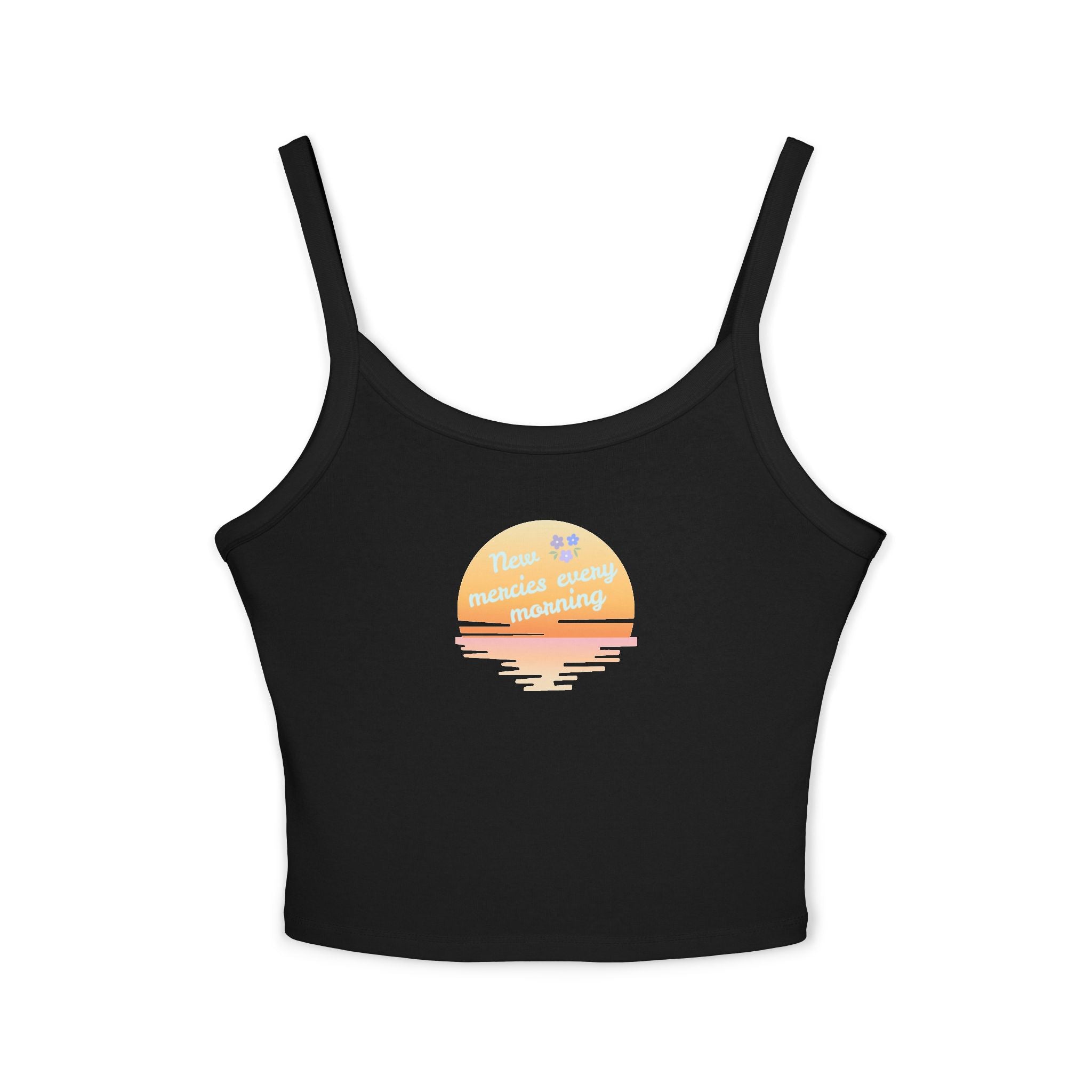 Sunset Crop Tank — "New Mercies" Spaghetti-Strap Top