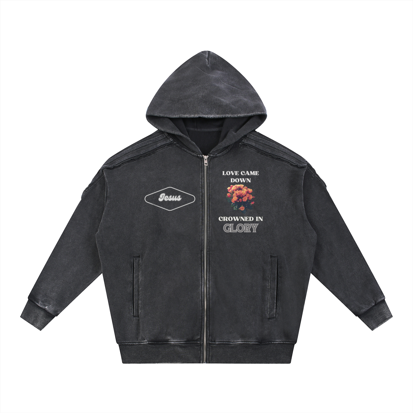 Snow Washed Tape Raw Edge Zip Hoodie