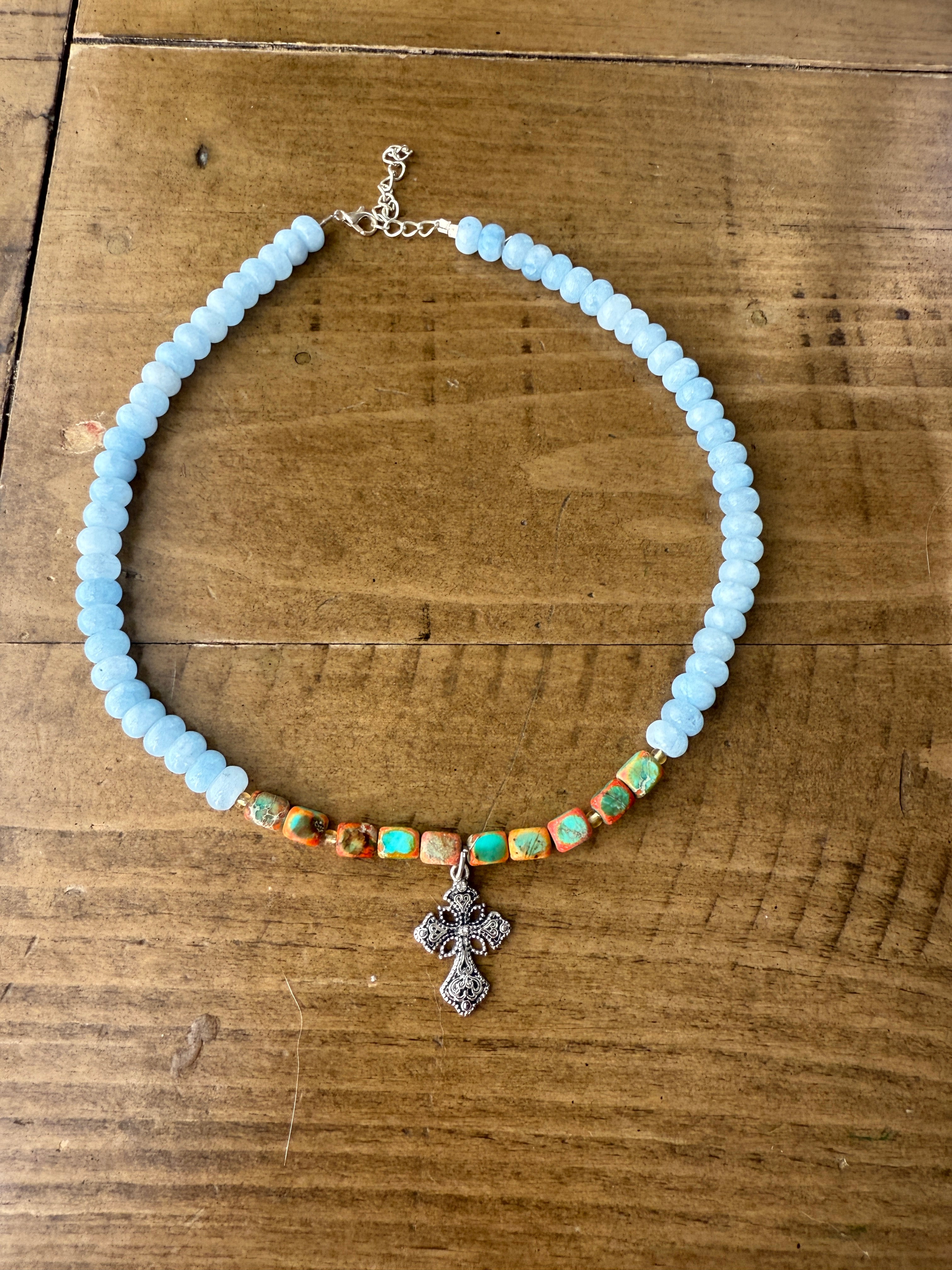 Handmade Beaded Blue Cross